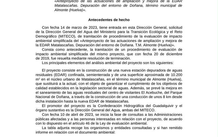 Salud Pública cuestiona el proyecto de la nueva depuradora de Matalascañas junto a la playa por sus posibles efectos sobre la población